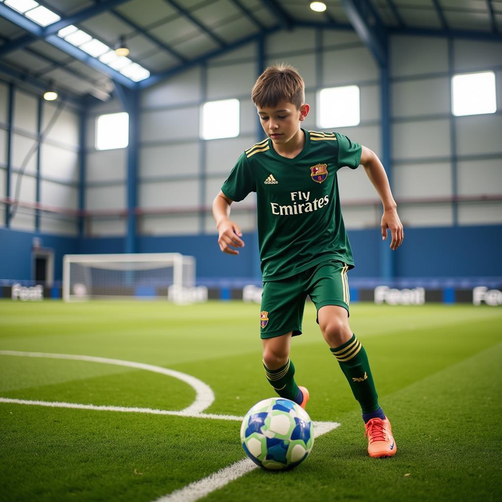 A young footballer diligently training at a football academy