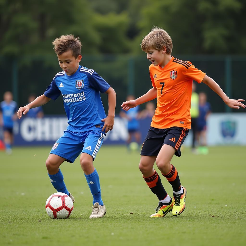 Young Footballers Demonstrating Technical Skills and Tactical Awareness