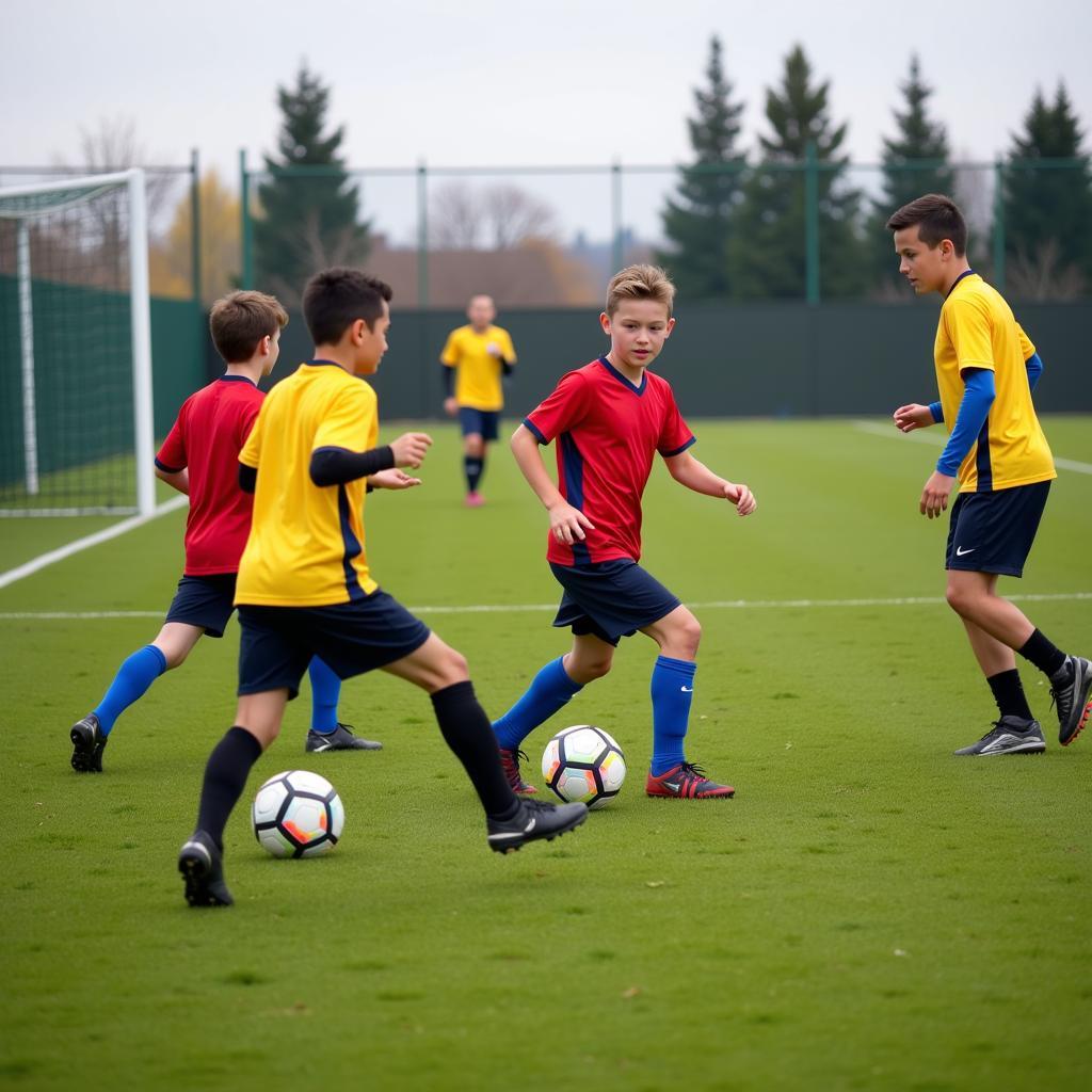 Young Romanian footballers training at a youth academy.