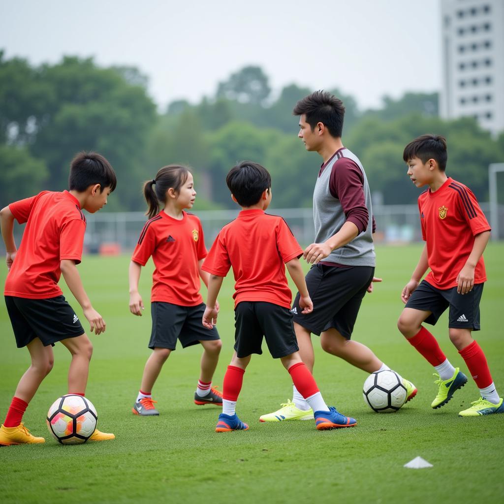 Young Vietnamese football players practicing