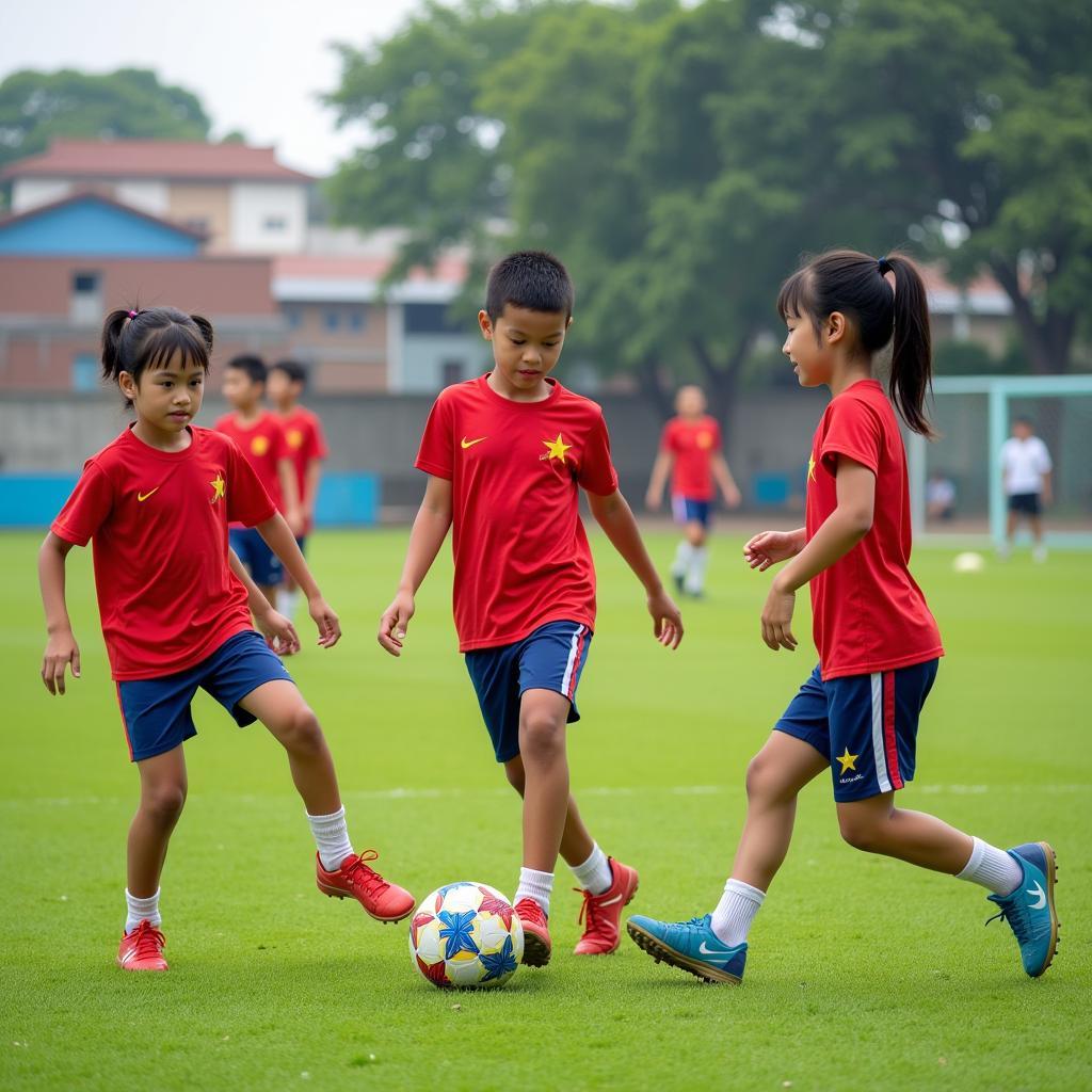 Young Vietnamese football players training hard on the field