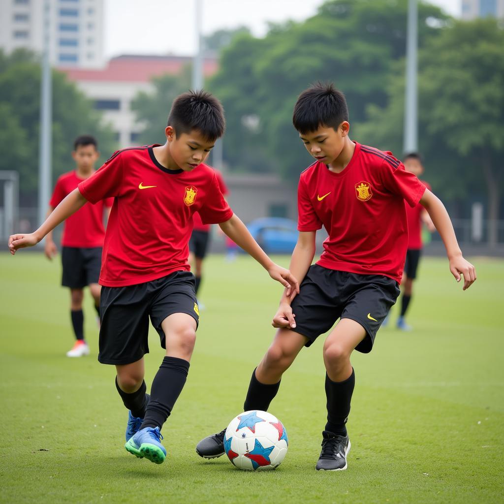 Young Vietnamese footballers training diligently on a football field, inspired by Le Hong Son.