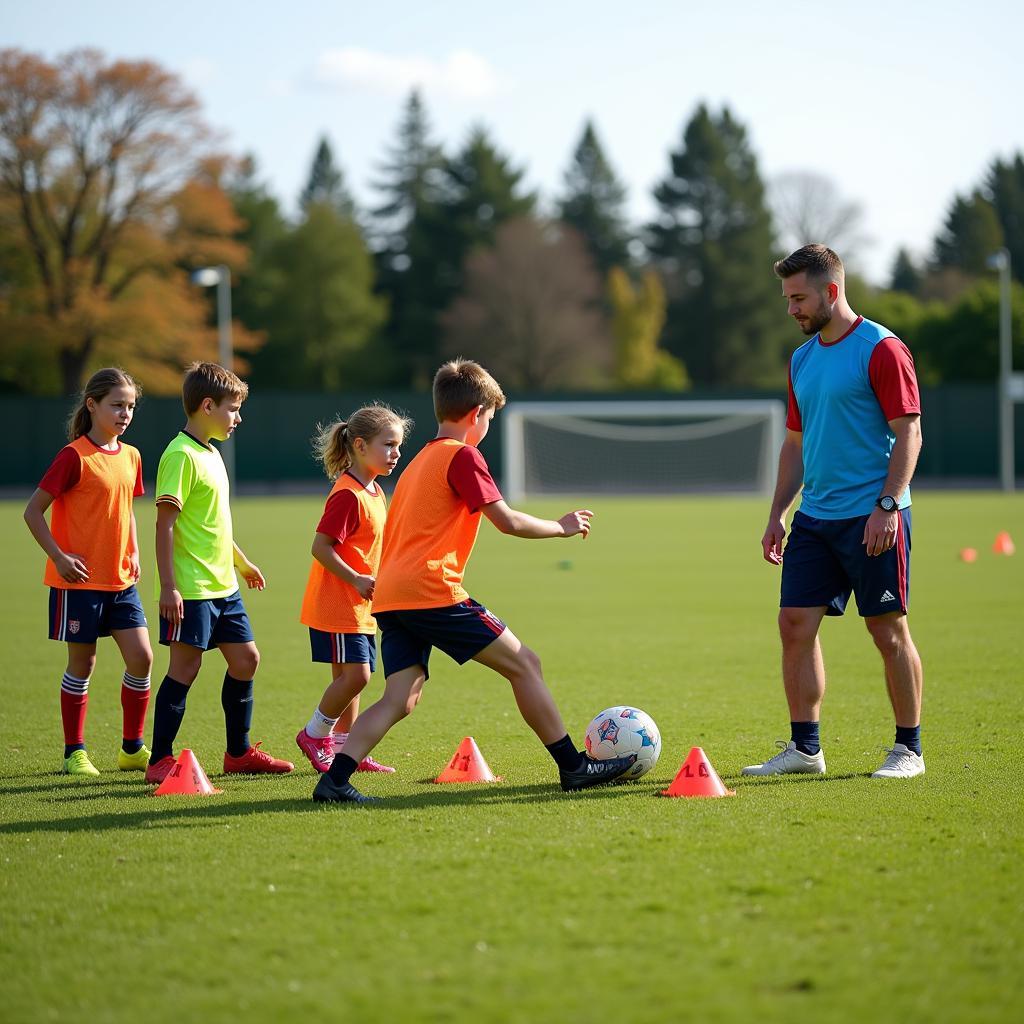 Youth Football Players Practicing Dribbling Drills