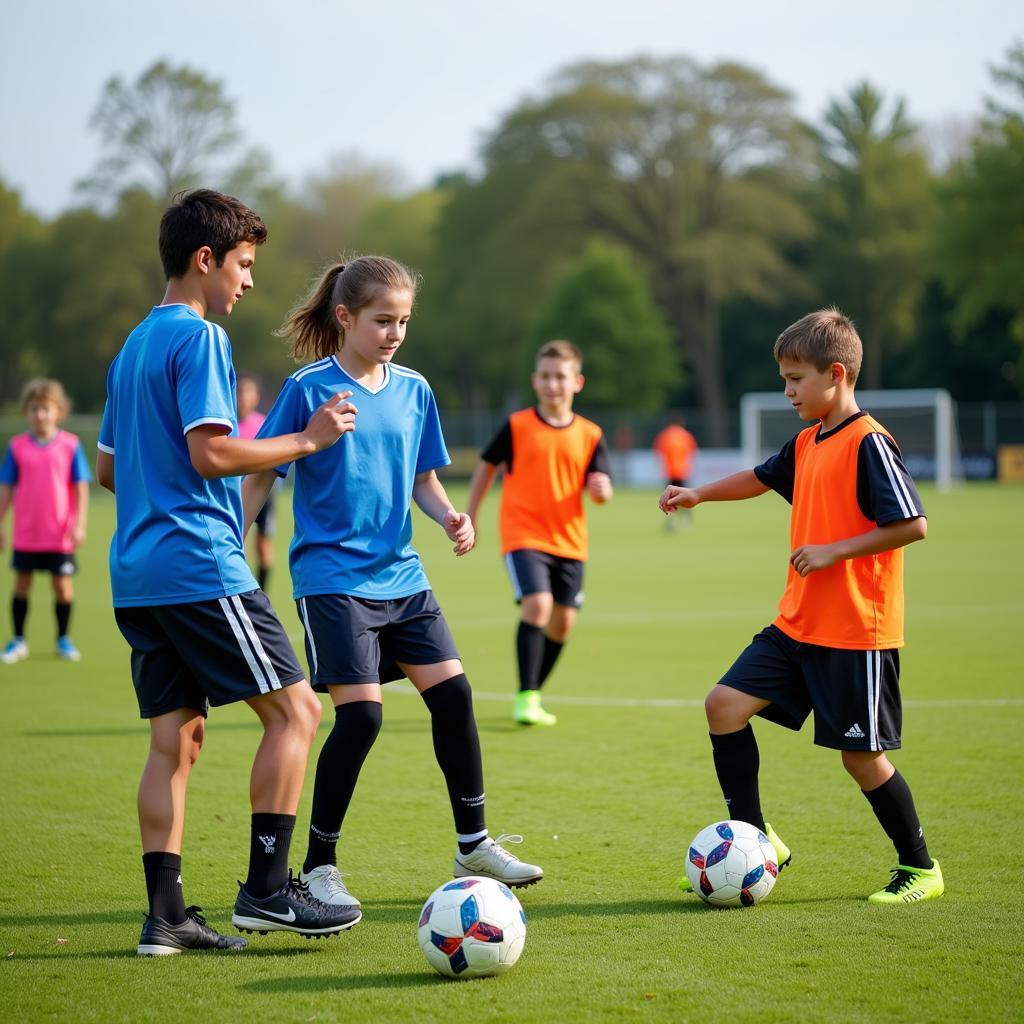 Youth Soccer Players Practicing Dribbling and Passing Drills