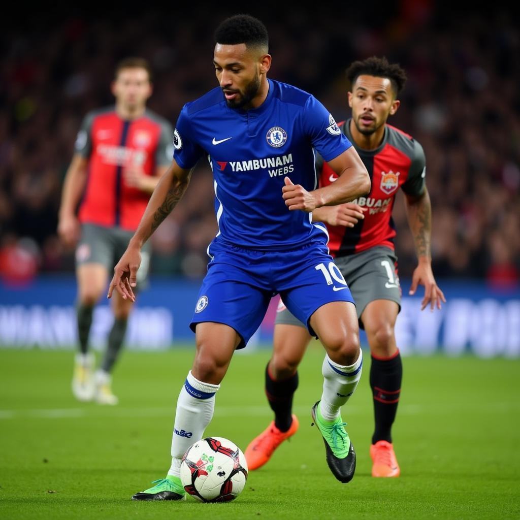 Hakim Ziyech dribbling past a defender in a Chelsea match