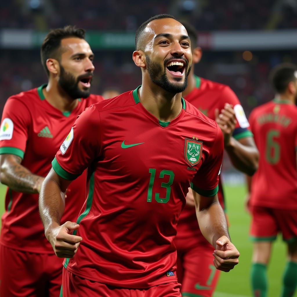 Hakim Ziyech celebrating a goal with his Morocco teammates.