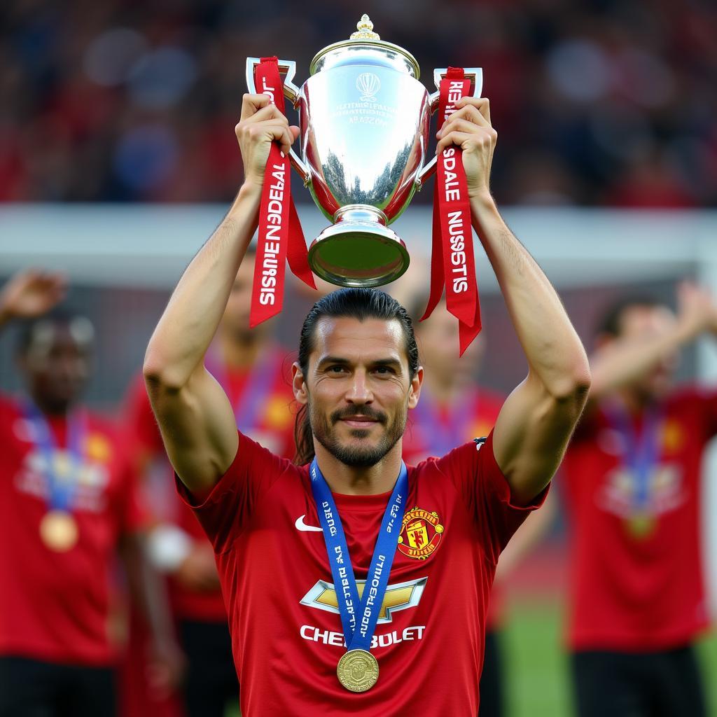 Zlatan Ibrahimović holding the Europa League trophy with Manchester United.