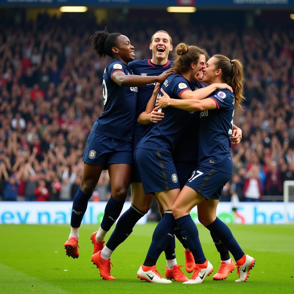 A team celebrating a goal with joy and enthusiasm.