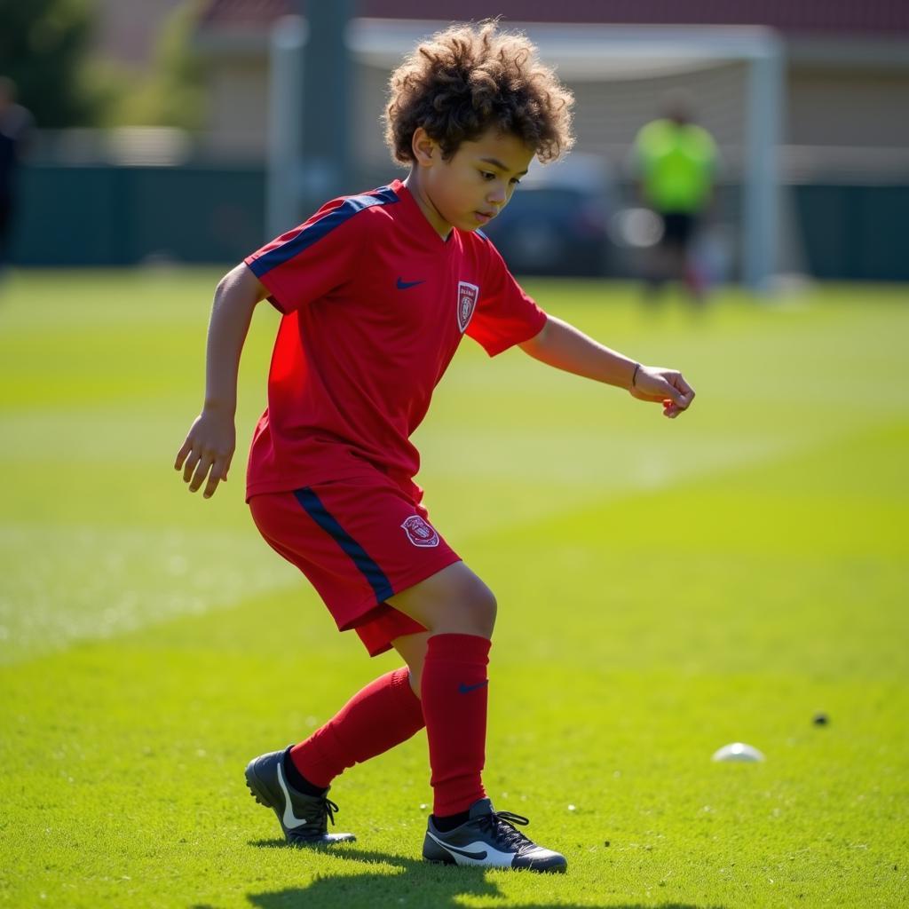 A young player training diligently on a football field.