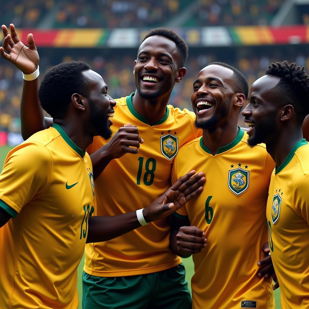 African football legends celebrating a victory