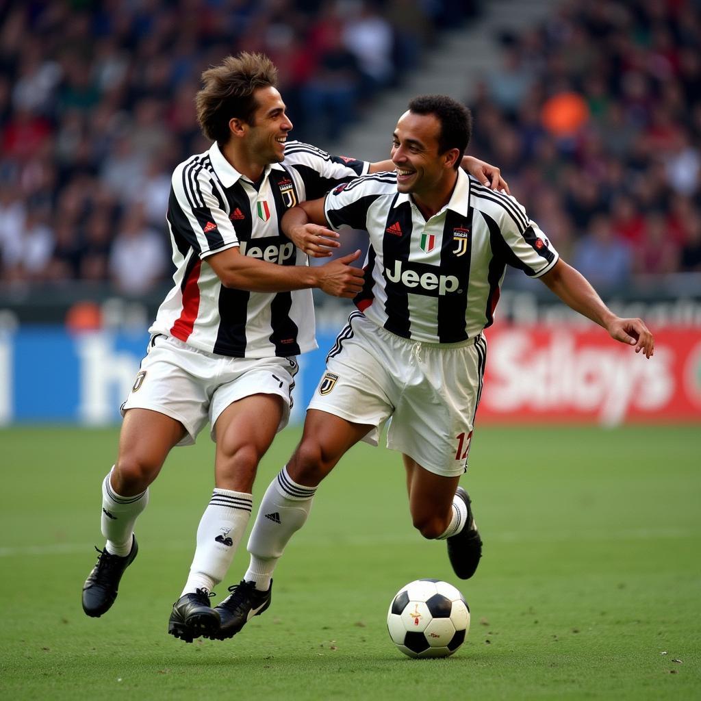 Alessandro Del Piero and David Trezeguet celebrating a goal for Juventus