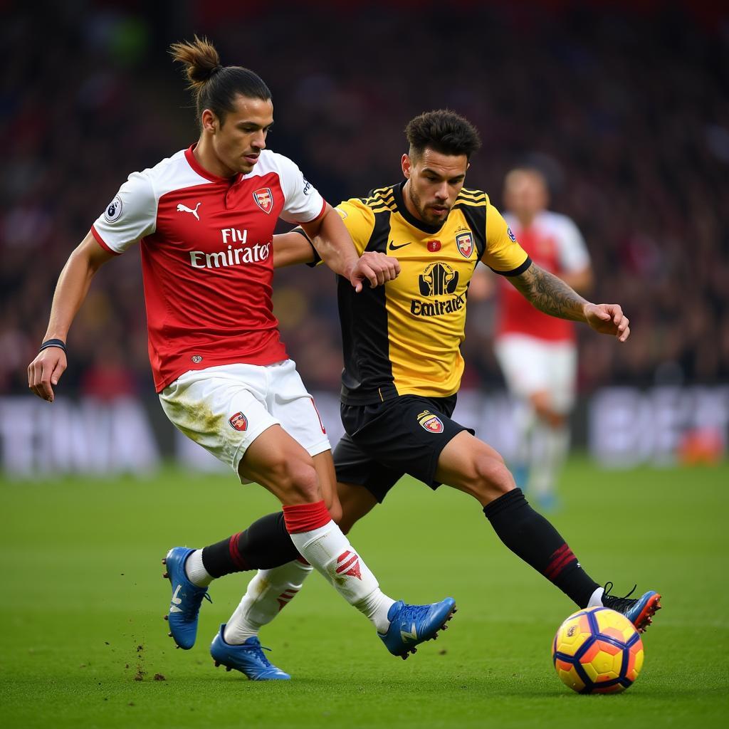 Alexis Sanchez dribbling past a defender for Arsenal