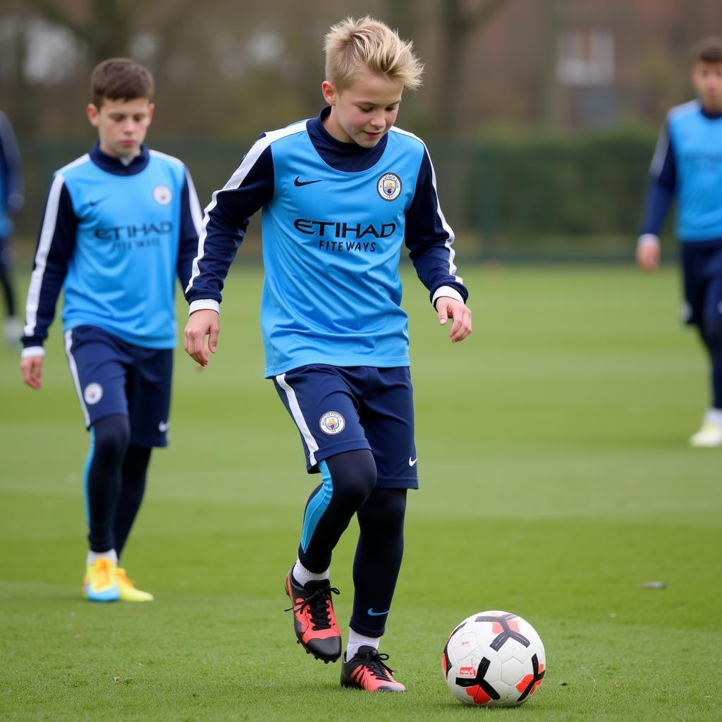 Alfie Haaland training with Man City's youth academy