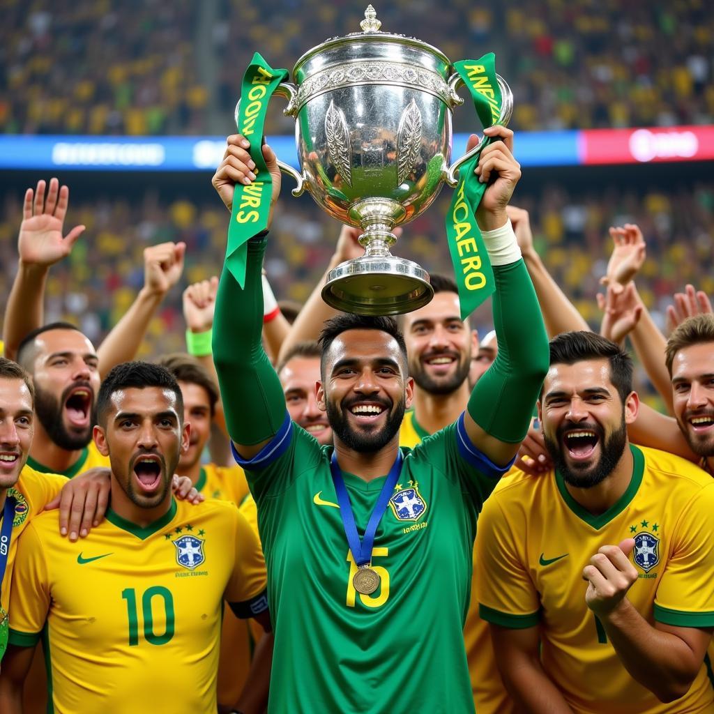 Alisson Becker lifting the Copa America 2019 trophy