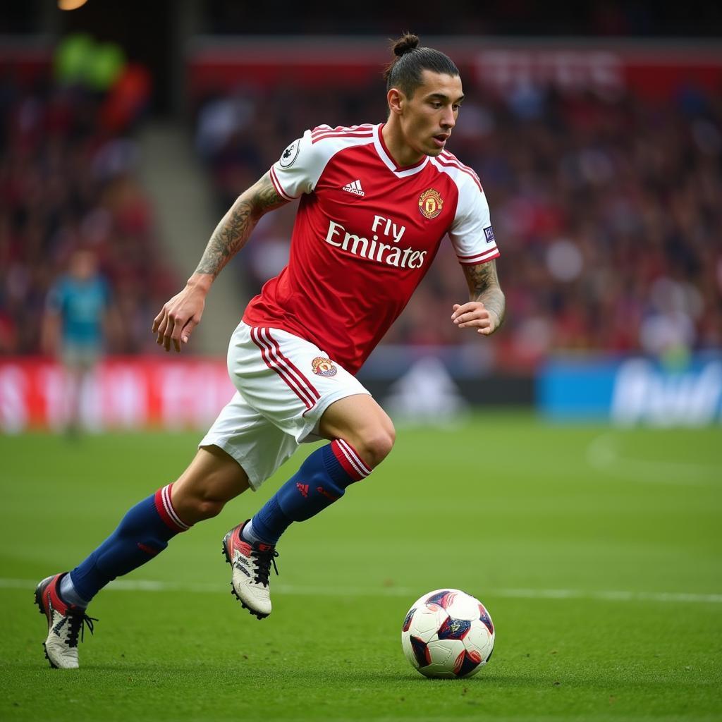 Angel Di Maria, nicknamed El Fideo, dribbling the ball.