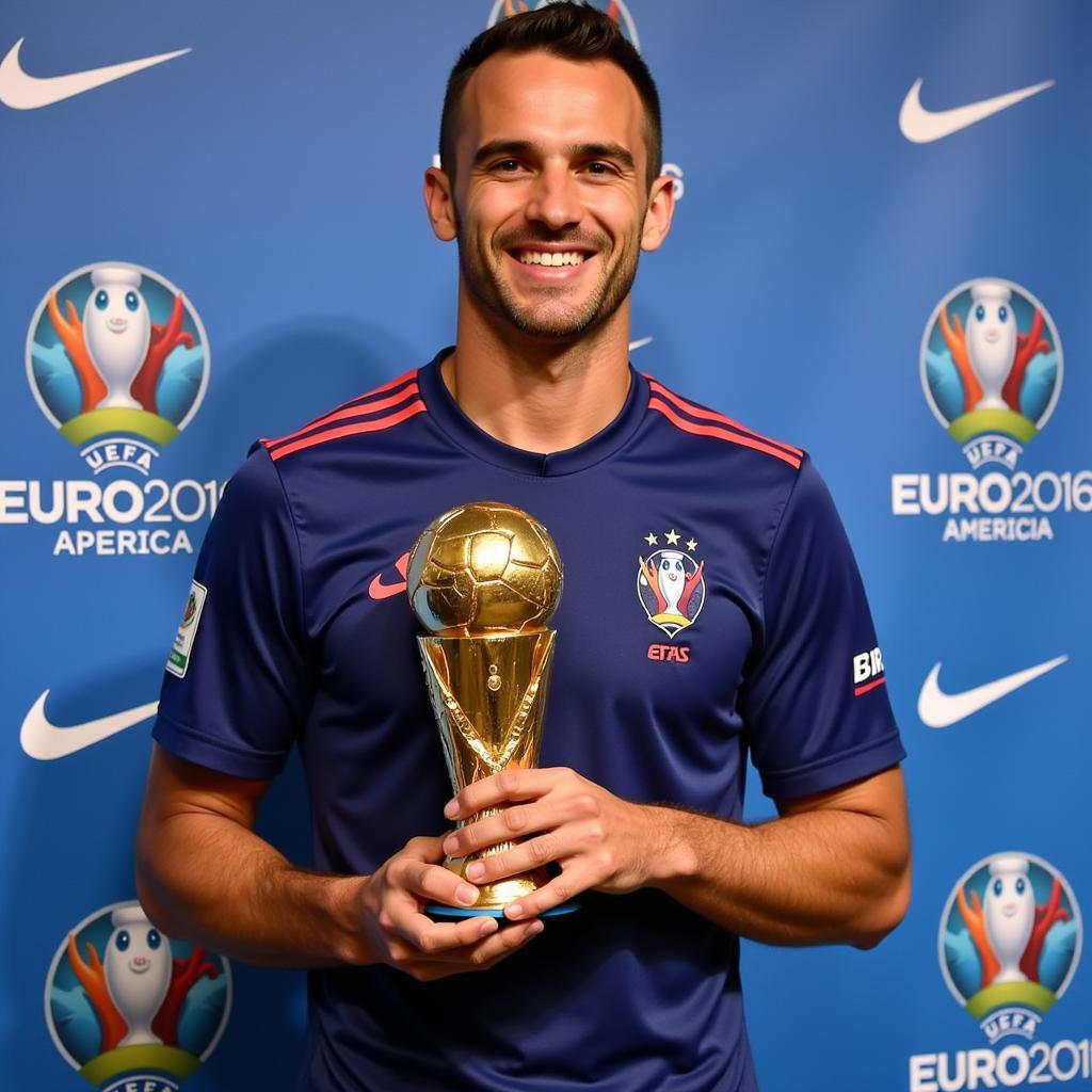 Antoine Griezmann holding the Golden Boot award at Euro 2016.