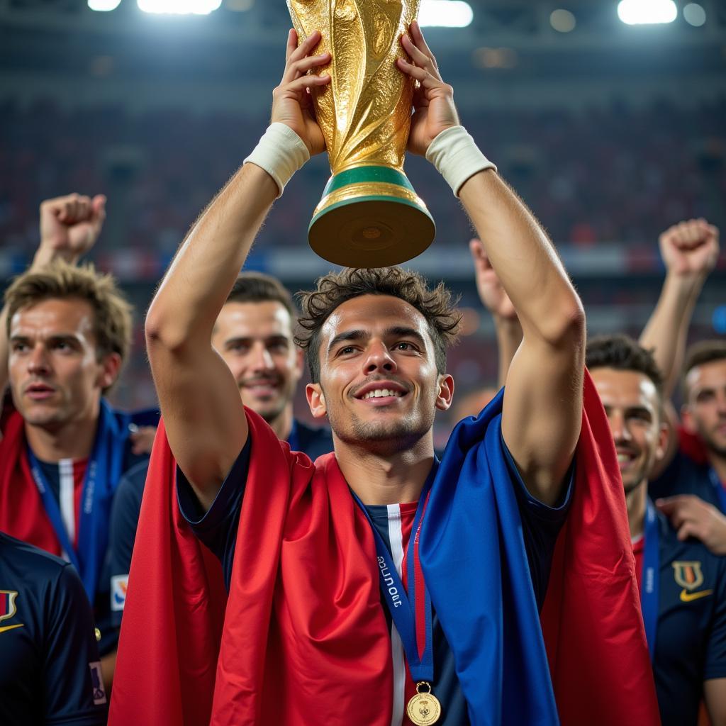 Antoine Griezmann holding the World Cup trophy