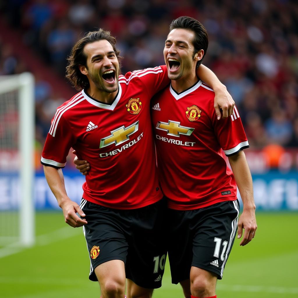 Argentine Players Celebrating a Goal at Old Trafford