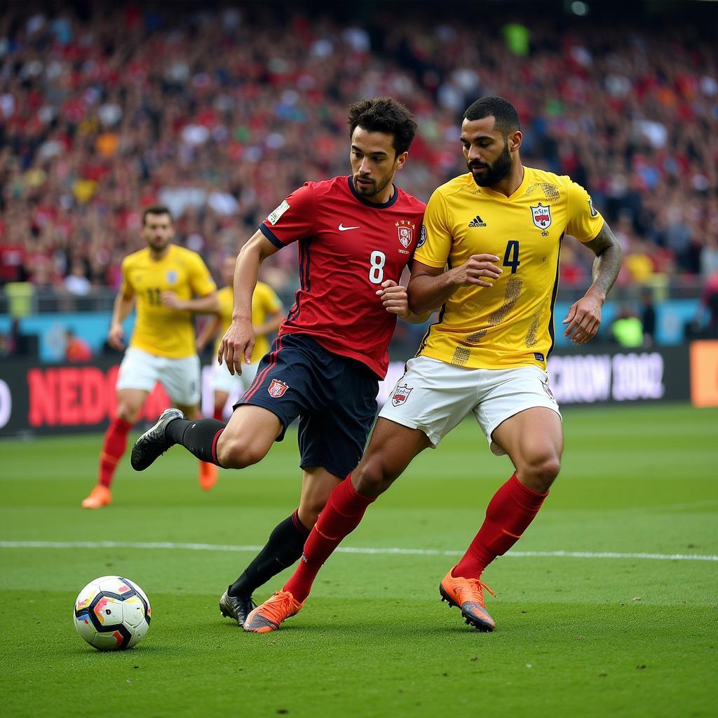 Dynamic image of top Asian football players competing in a high-stakes match.