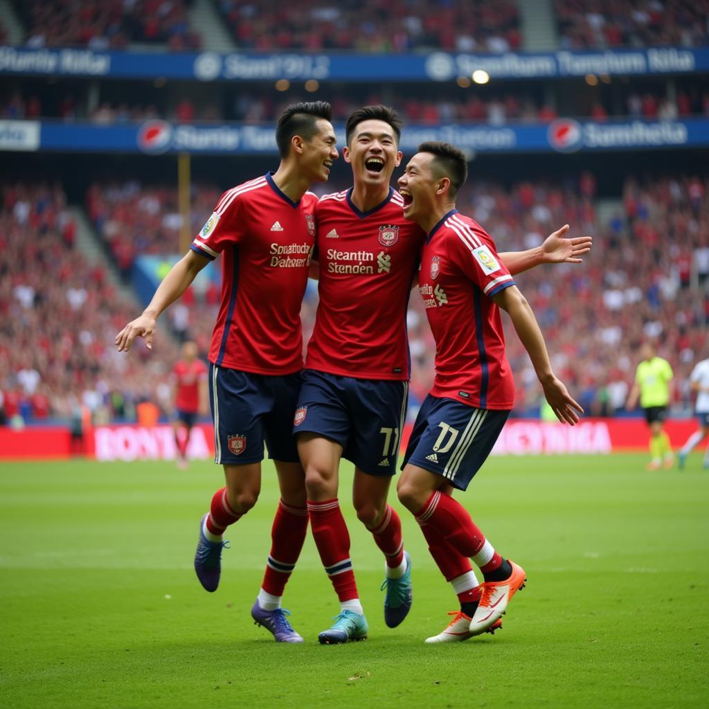 An Asian footballer celebrating a goal with his teammates