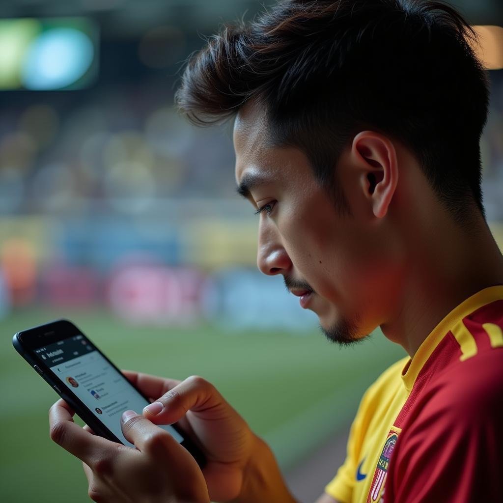 An Asian footballer interacting with fans on social media