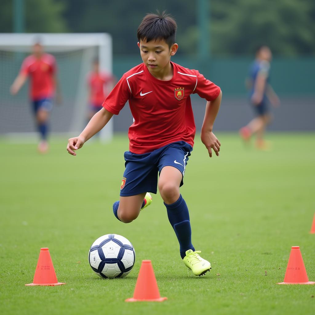 Young footballer practicing drills