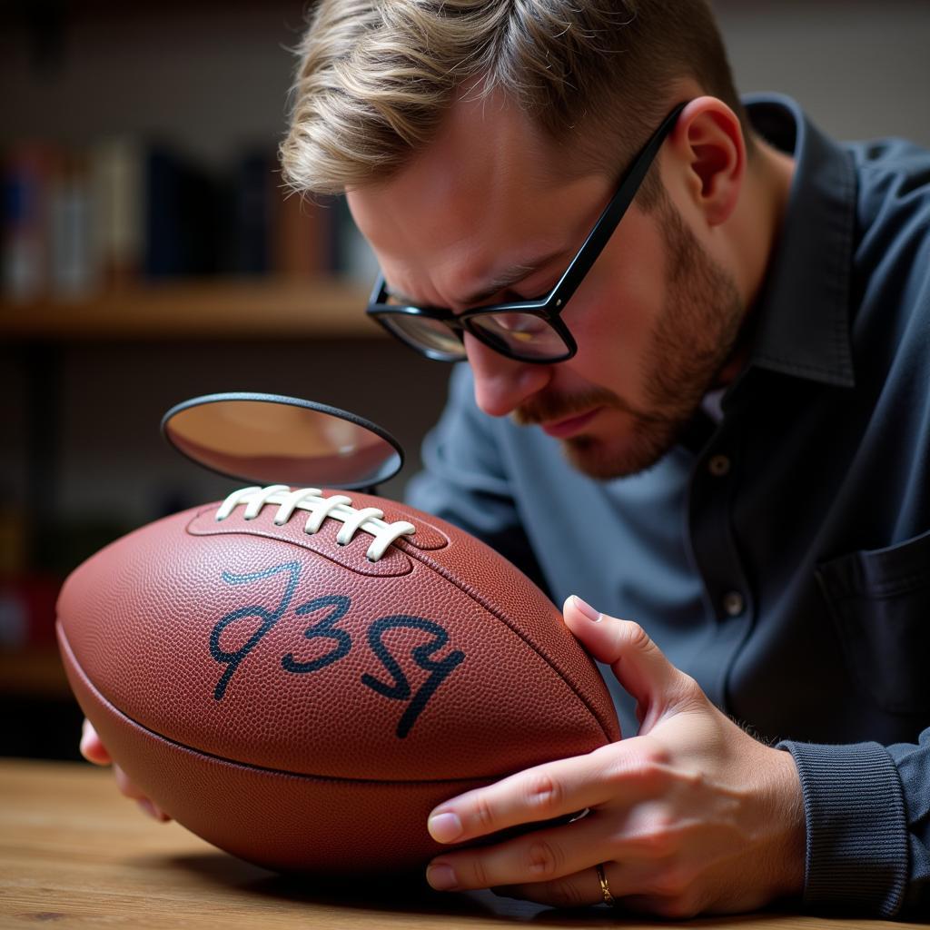 Expert authenticating a football player's signature