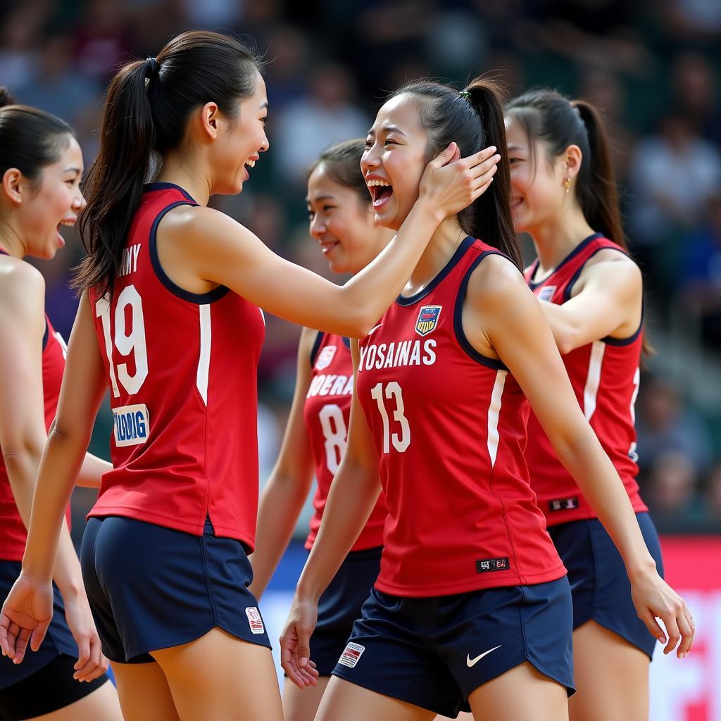 Ayumi Yoshida celebrating a victory with her teammates