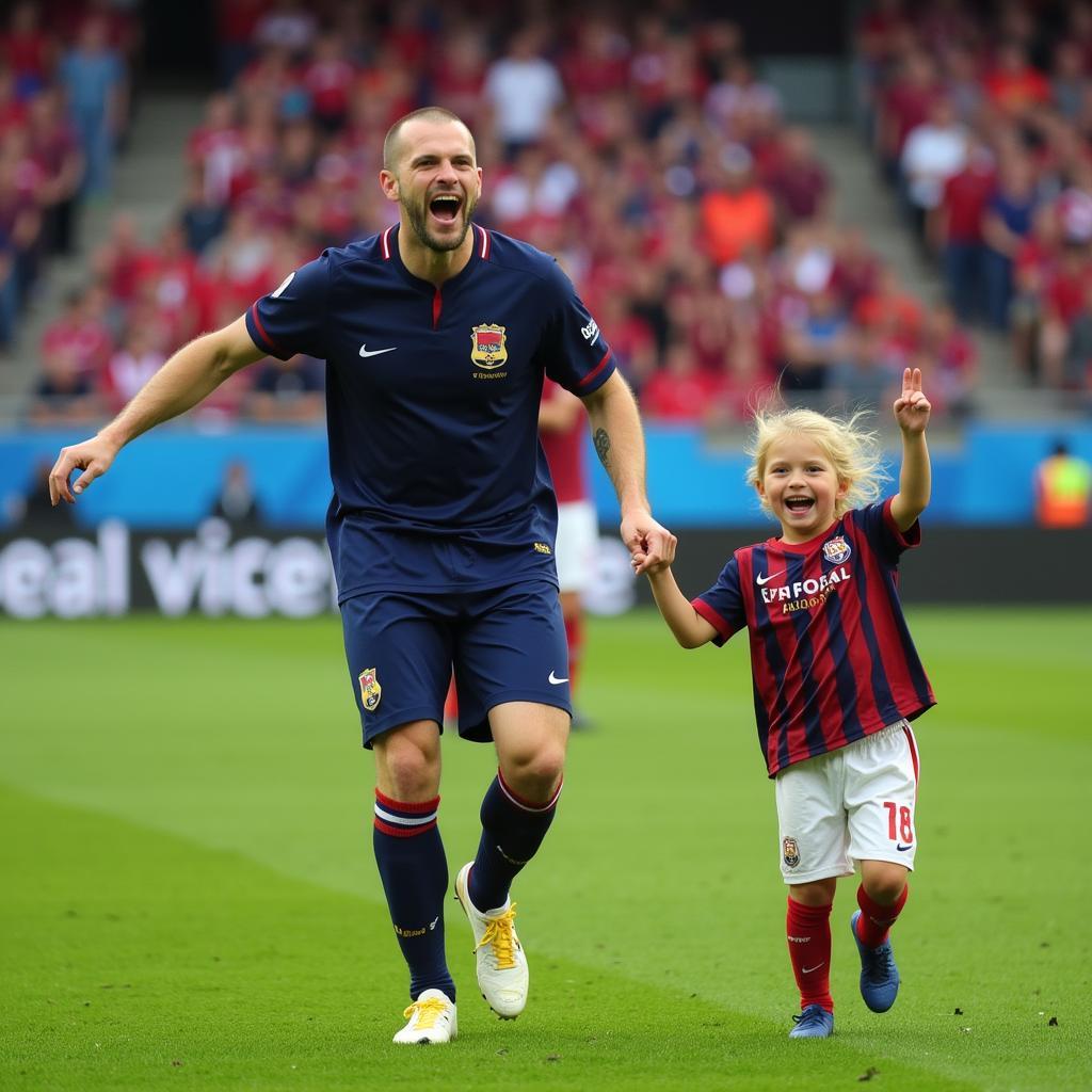 Baba player celebrating a goal with his child