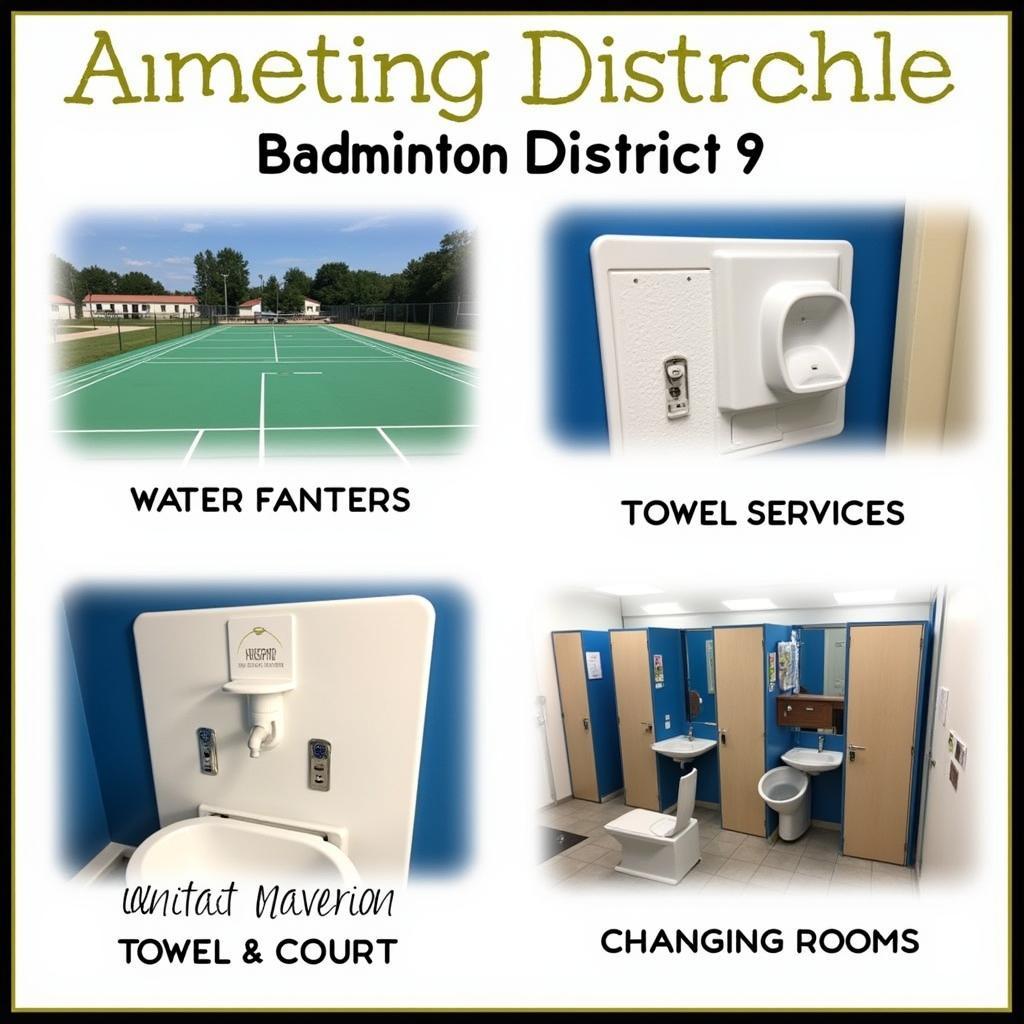 Badminton court amenities like water fountains and changing rooms.