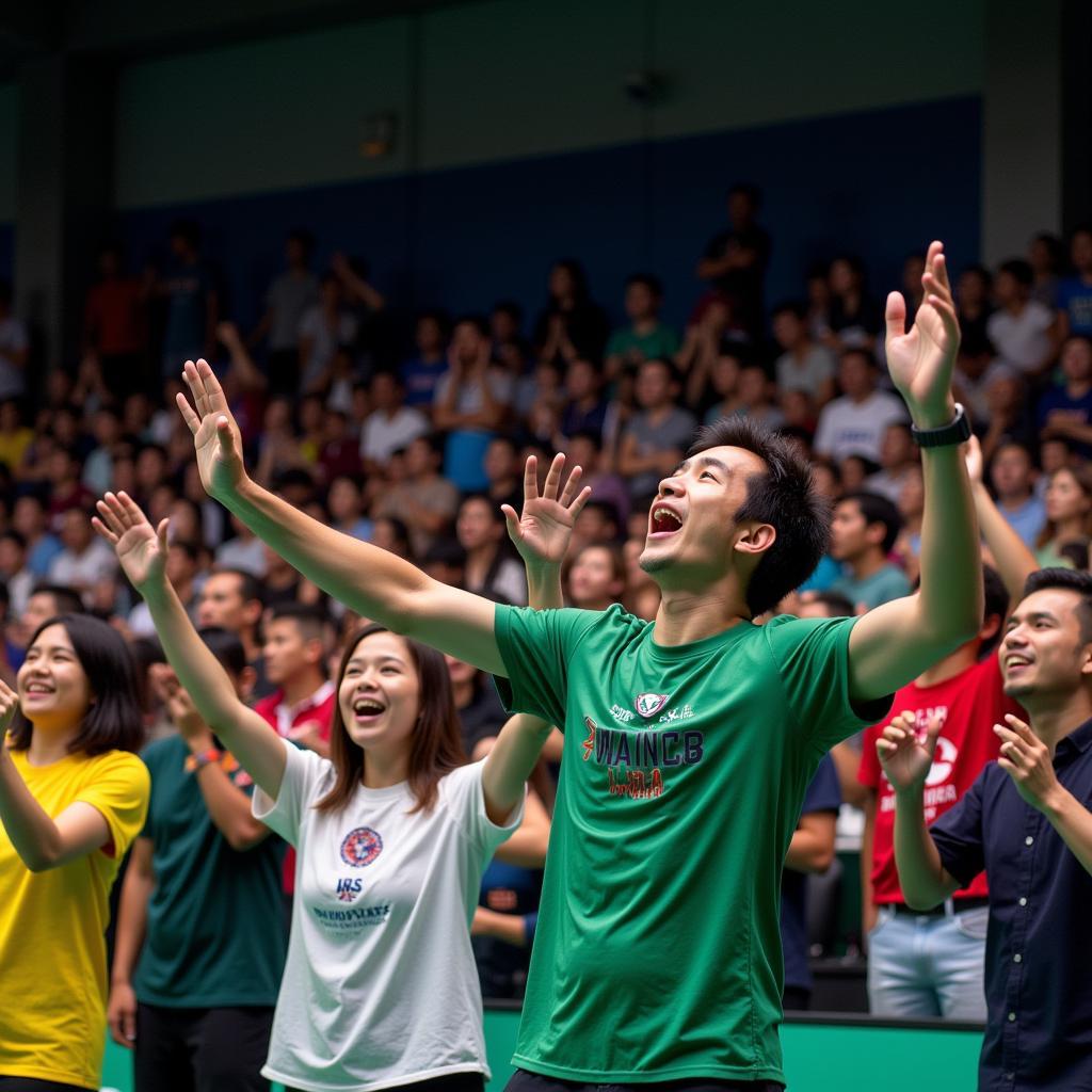 Spectators cheering at the Bao Tuoi Tre Thu Do Badminton Tournament