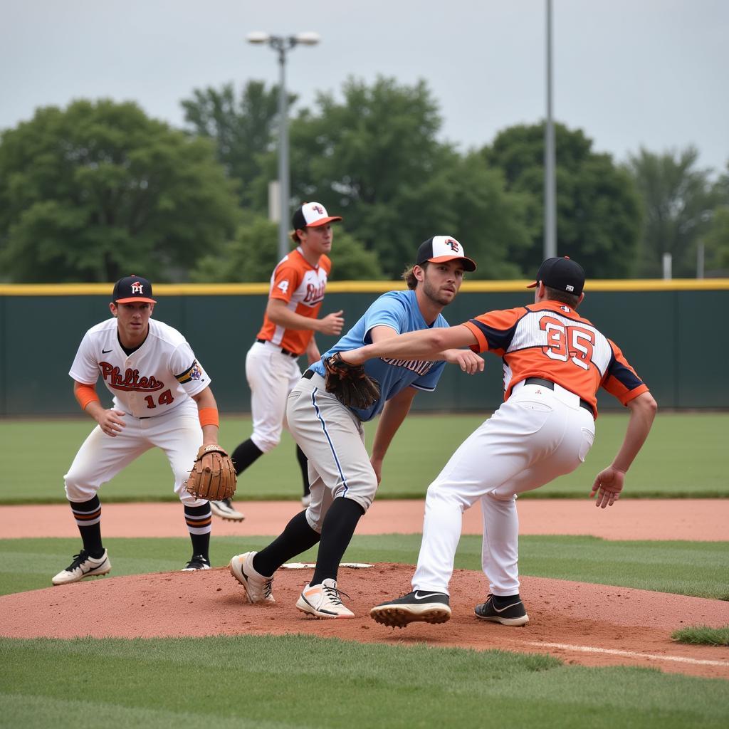 Baseball team during an infield play