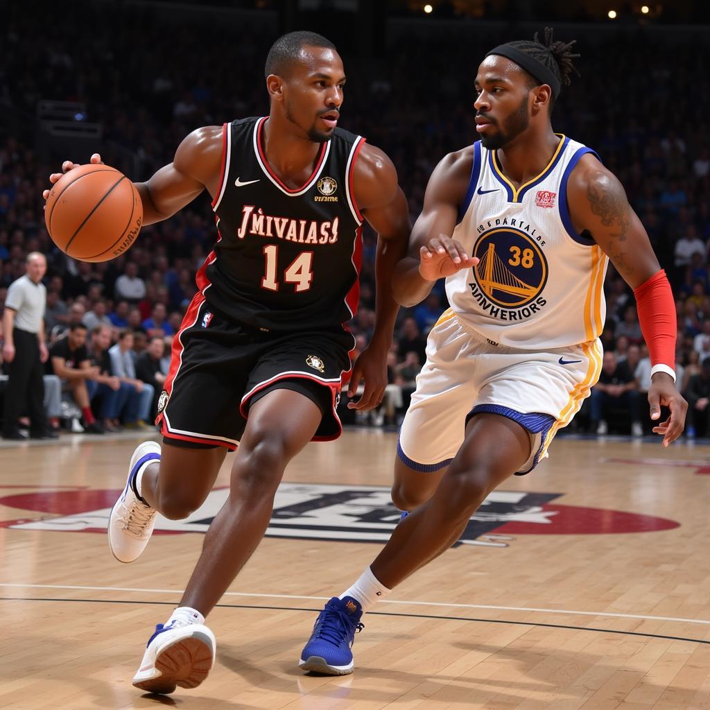 Skilled basketball player dribbling the ball during a game