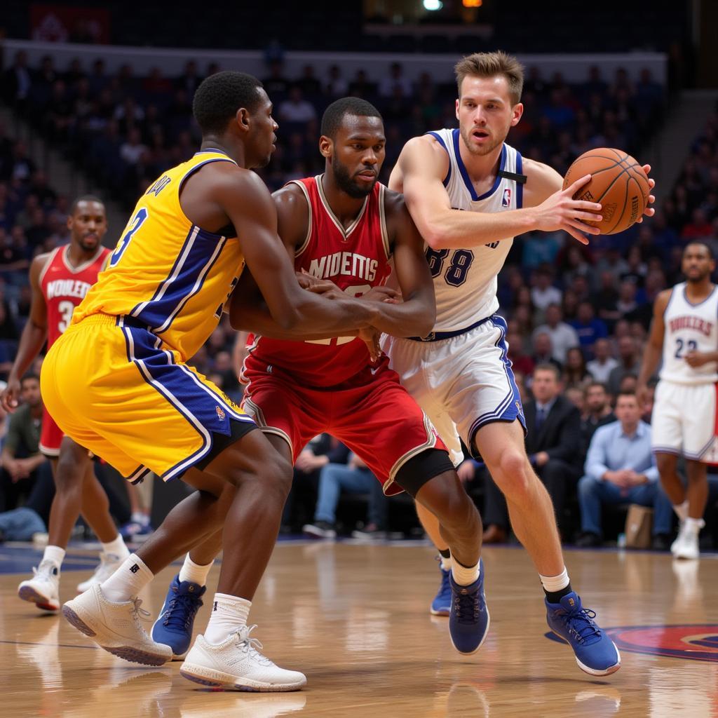 Basketball players competing intensely for the ball