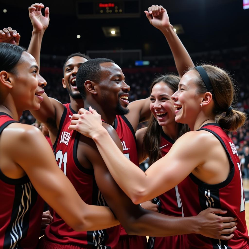 Basketball team celebrating victory