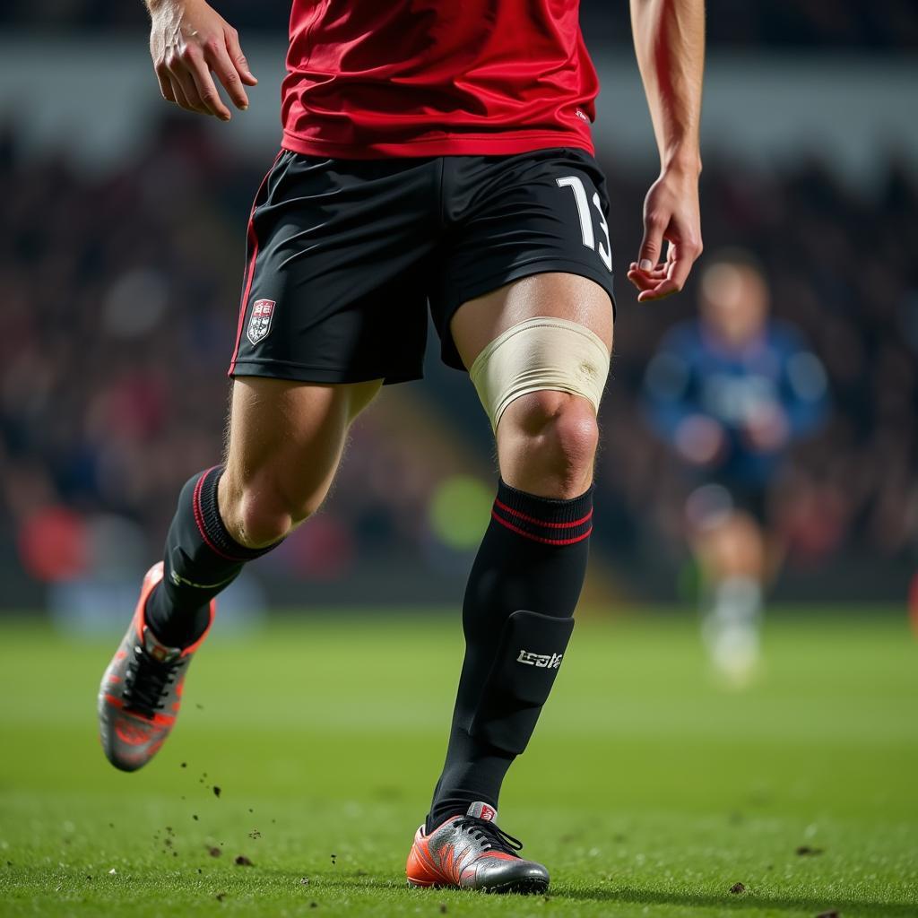 Footballer experiencing the benefits of compression shorts: muscle support, improved blood circulation, and reduced muscle fatigue.