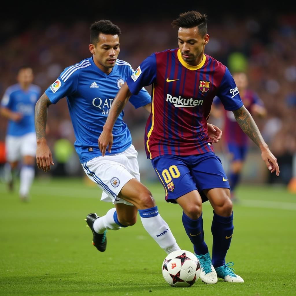 Neymar Jr. dribbling past a defender in a Barcelona game during 2016.