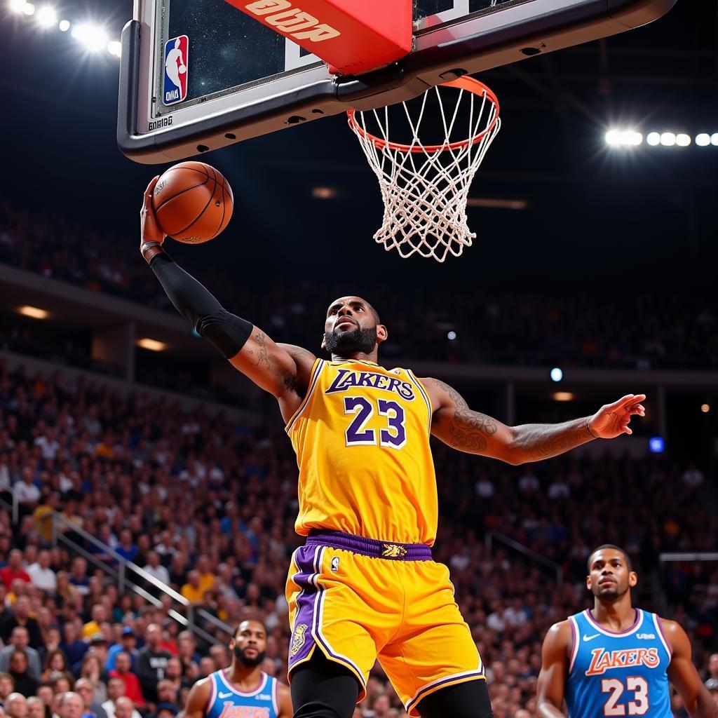 LeBron James executing a powerful dunk during an NBA game.