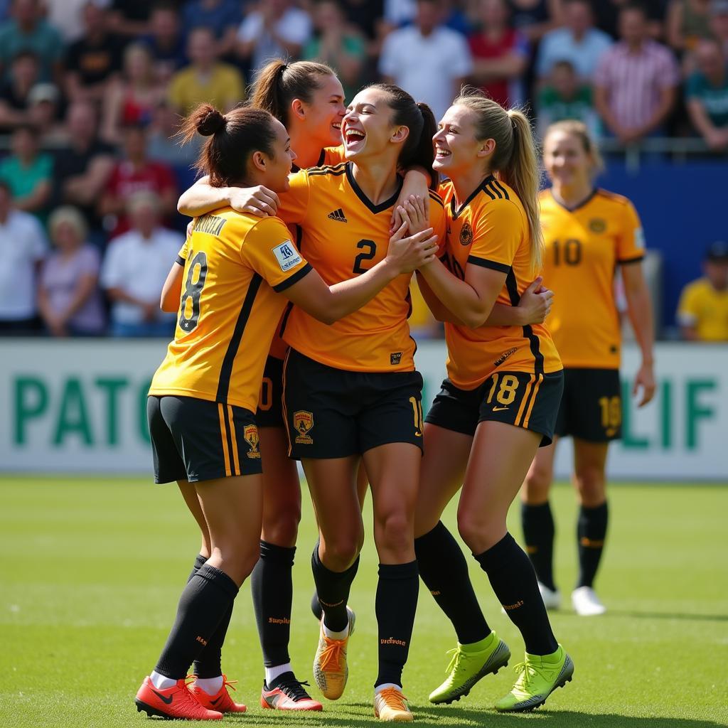 Bmoore player celebrates a crucial goal with teammates, highlighting their contribution and team spirit.