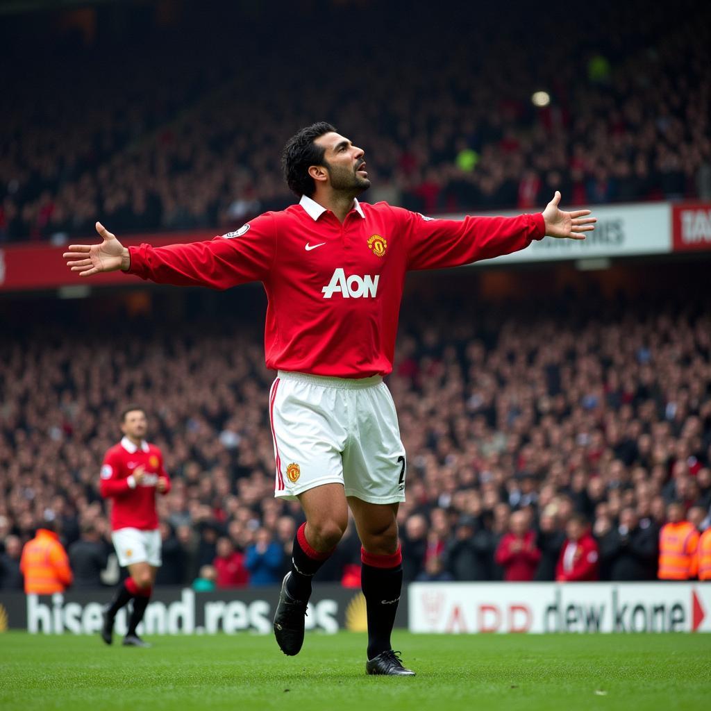 Eric Cantona celebrates a goal at Old Trafford with his arms outstretched, soaking in the adulation of the fans.