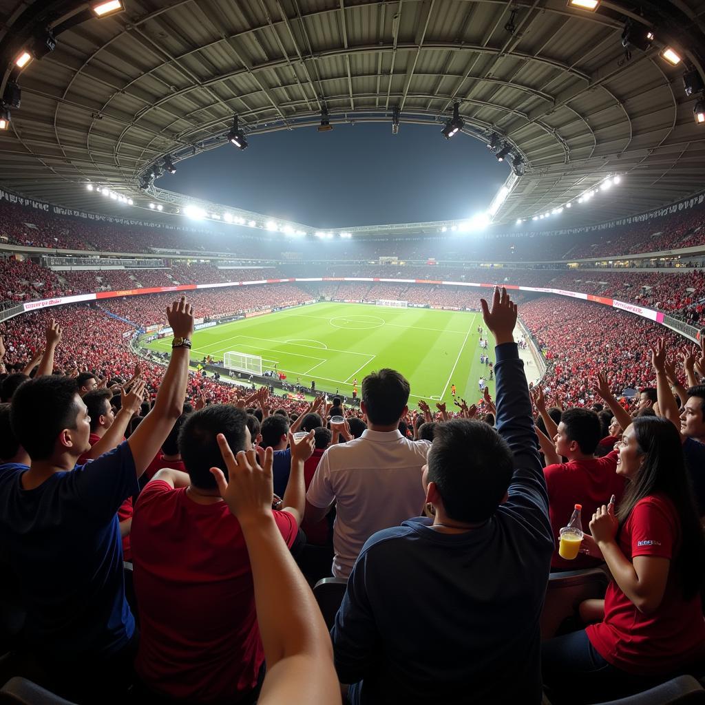 Cau Thu Thiem 2 Fan Experience - Fans cheering in the stands, enjoying food and beverages, and interacting with other supporters.