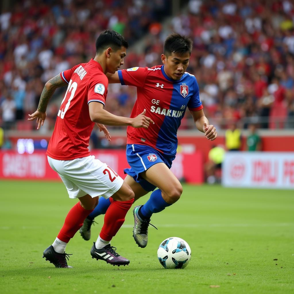 Chanvanaka skillfully dribbling the ball past an opponent during a Cambodian League match.