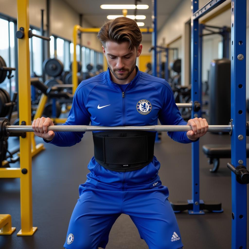 Chelsea player utilizes a weightlifting belt during training