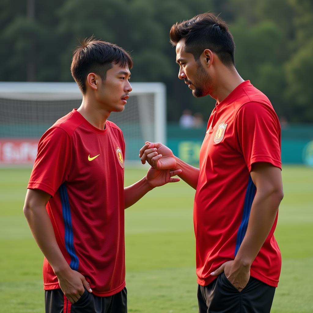 A Chinese footballer receiving guidance from a coach in Madrid.