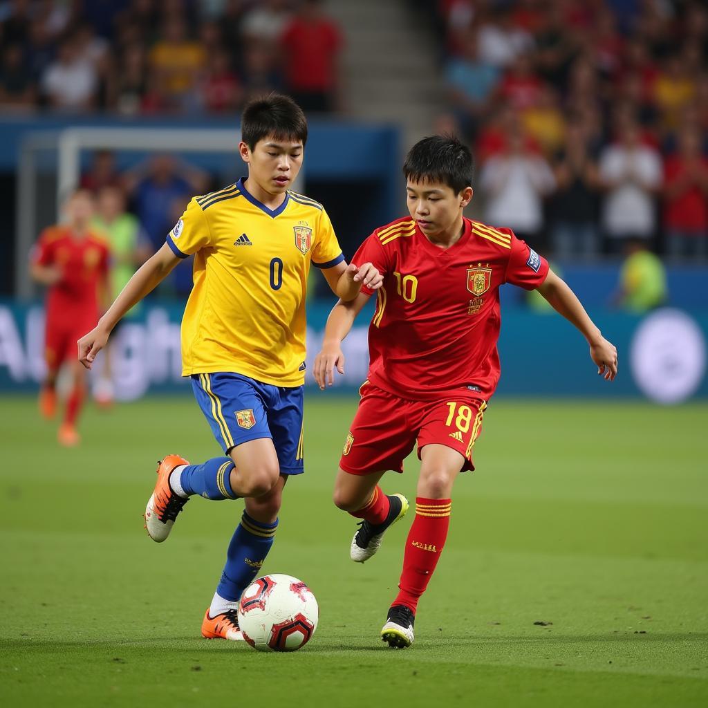 A Chinese footballer competing in a youth match in Madrid.