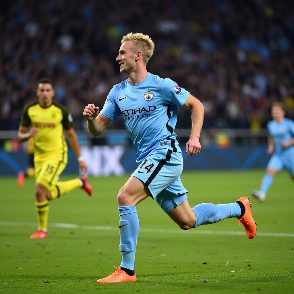 Haaland scoring a crucial goal for Manchester City against Borussia Dortmund in the Champions League.