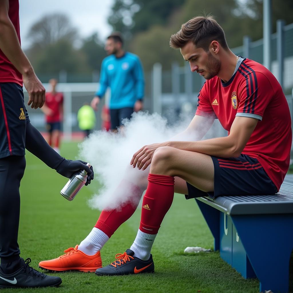 CO2 Snow Spray Application on a Footballer's Leg