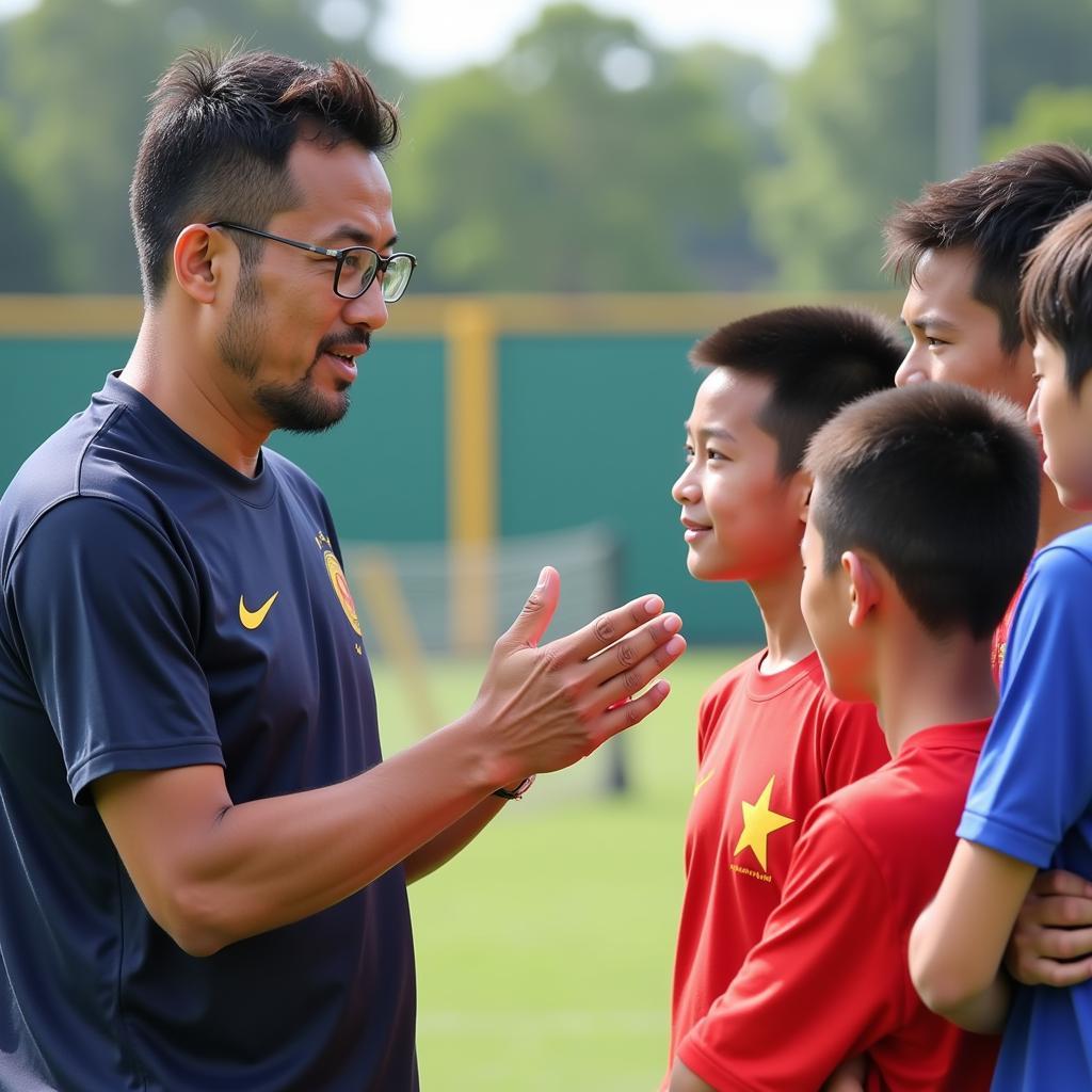 Coach Park Hang-seo leading a training session with young Vietnamese footballers