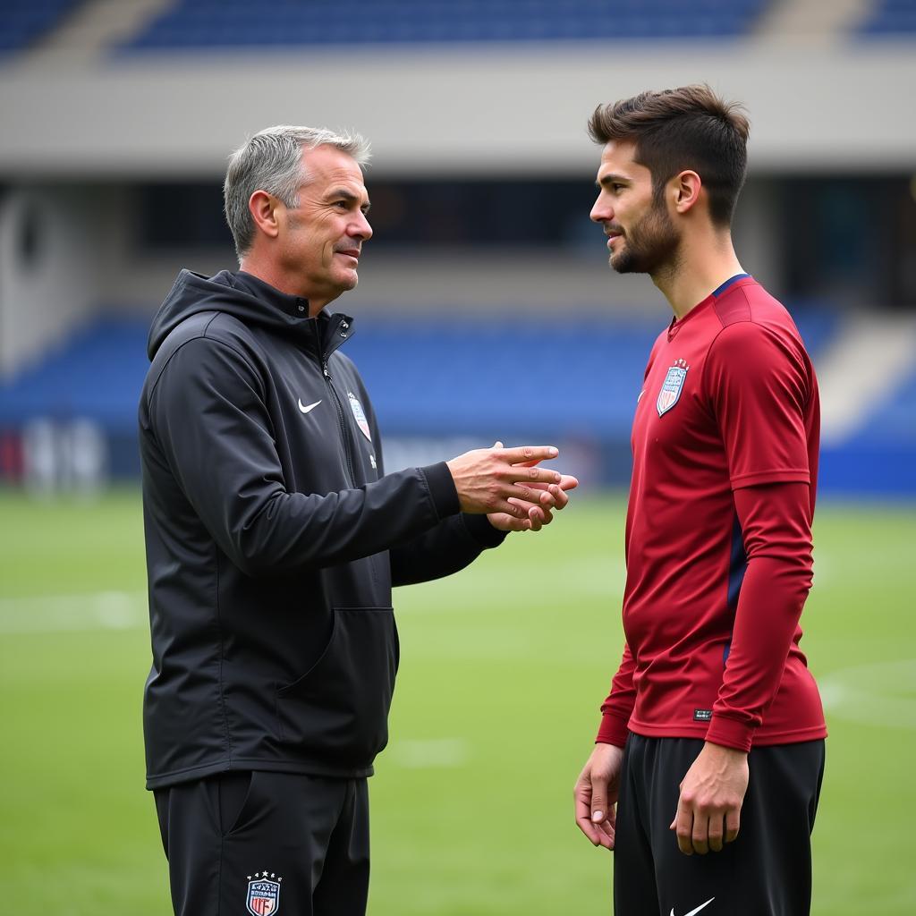 Coach and player having a positive interaction on the football field