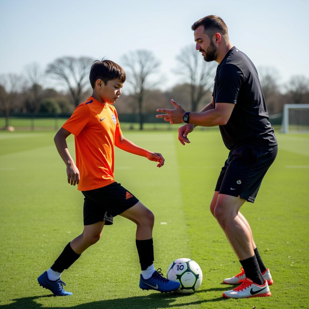 Coach working with a young football player